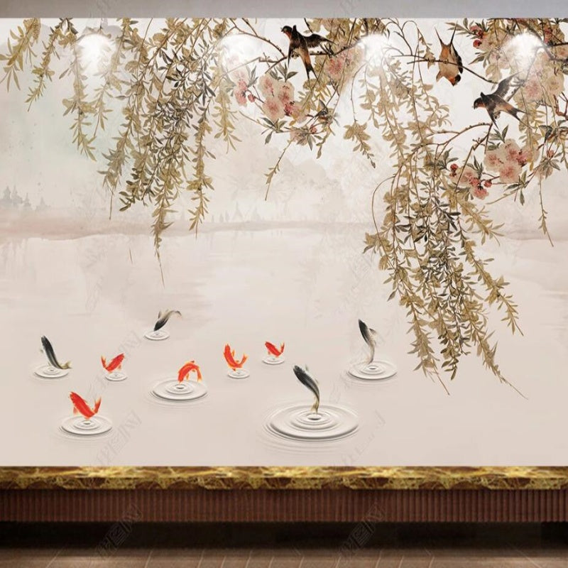 Chinoiserie Brushwork Haning Willow Branches with Swallows Wallpaper Wall Mural Home Decor