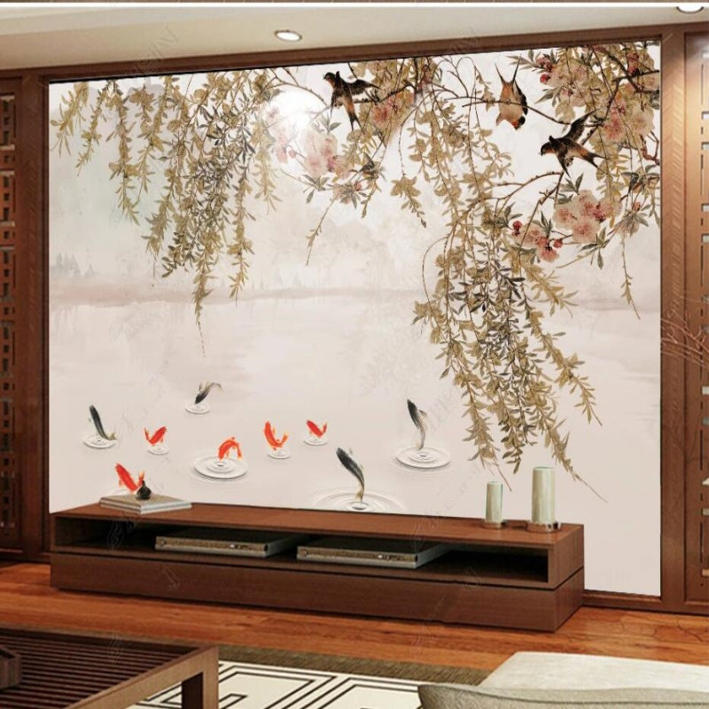 Chinoiserie Brushwork Haning Willow Branches with Swallows Wallpaper Wall Mural Home Decor