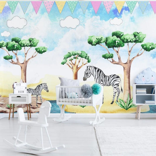 Cartoon Trees Zebras Animals Nursery Wallpaper Wall Mural Home Decor