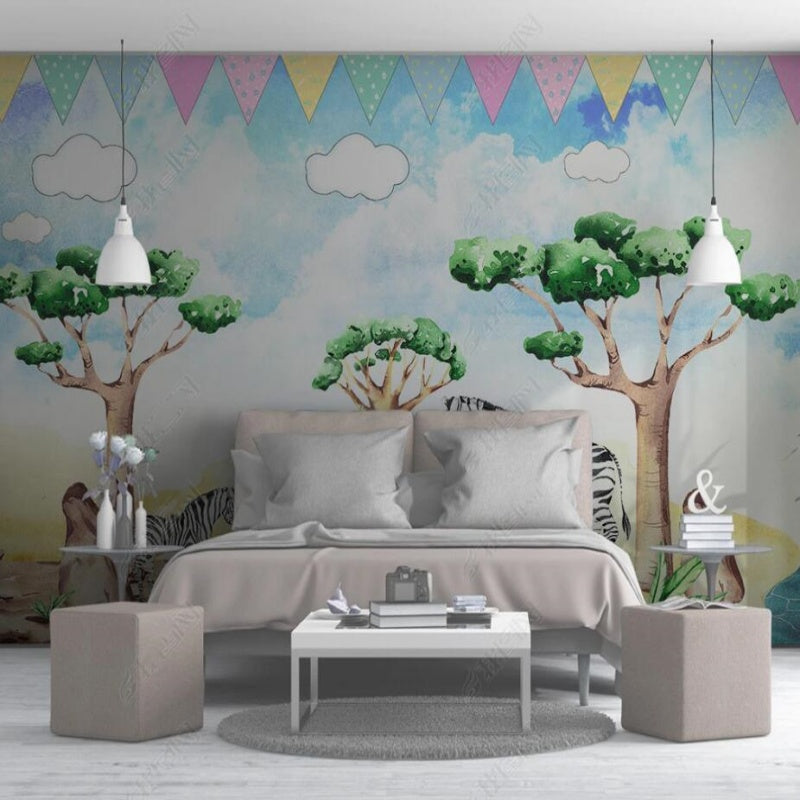 Cartoon Trees Zebras Animals Nursery Wallpaper Wall Mural Home Decor