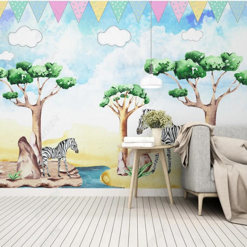 Cartoon Trees Zebras Animals Nursery Wallpaper Wall Mural Home Decor