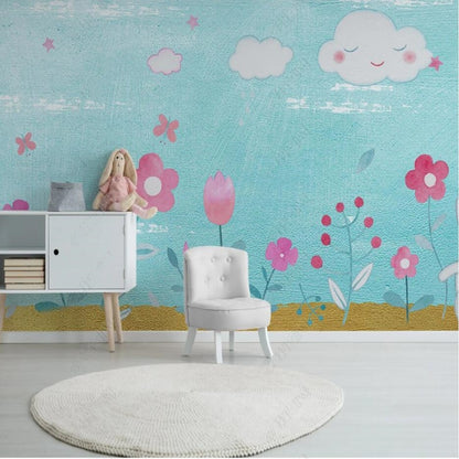 Cartoon Pink Flowers Nursery Wallpaper Wall Mural Home Decor