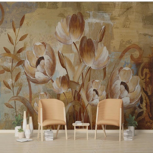 Golden Big Poppy Flowers Wallpaper Wall Mural Home Decor