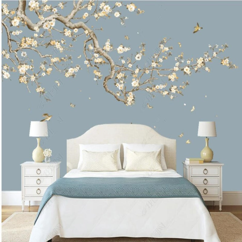 Chinoiserie Brushwork Cherry Blossom with Birds Wallpaper Wall Mural Home Decor