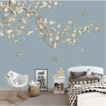 Chinoiserie Brushwork Cherry Blossom with Birds Wallpaper Wall Mural Home Decor