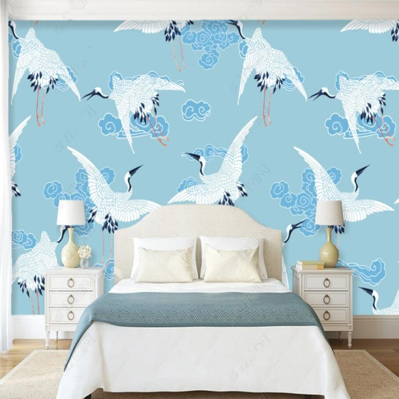 Chinoiserie Brushowrk Flying Cranes Wallpaper Wall Mural Home Decor