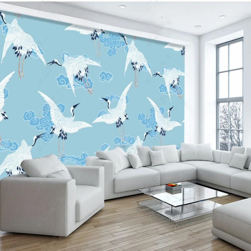 Chinoiserie Brushowrk Flying Cranes Wallpaper Wall Mural Home Decor