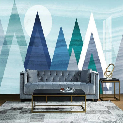 Cartoon Blue Triangle Mountains Nursery Wallpaper Wall Mural Home Decor