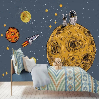 Cartoon Blue Background Planet and Astronaut Nursery Wallpaper Wall Mural Home Decor