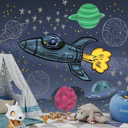 Cartoon Blue Background Planets and Rocket Nursery Wallpaper Wall Mural Home Decor