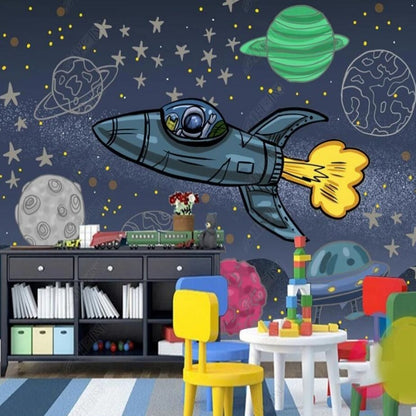 Cartoon Blue Background Planets and Rocket Nursery Wallpaper Wall Mural Home Decor