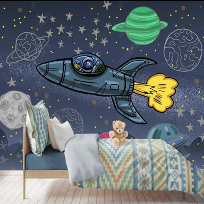 Cartoon Blue Background Planets and Rocket Nursery Wallpaper Wall Mural Home Decor