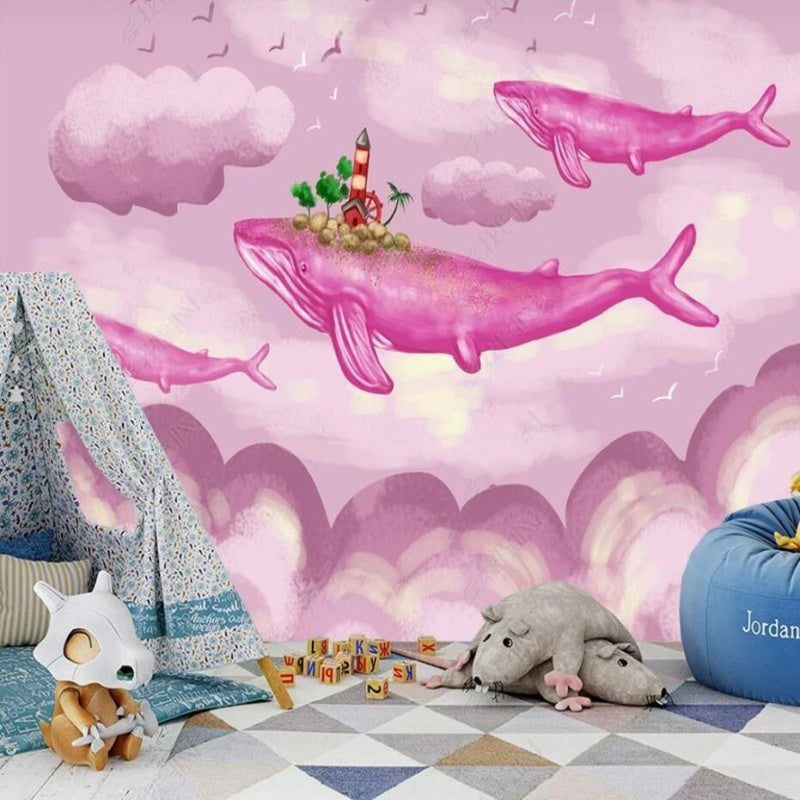 Cartoon Pink Big Sharks Nursery Wallpaper Wall Mural Home Decor