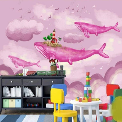 Cartoon Pink Big Sharks Nursery Wallpaper Wall Mural Home Decor