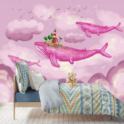 Cartoon Pink Big Sharks Nursery Wallpaper Wall Mural Home Decor