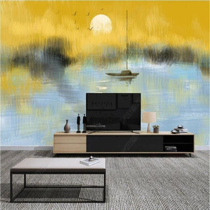 Yellow Sunset Sea Flying Sea Mew Sea Waves Nature Wallpaper Wall Mural Home Decor