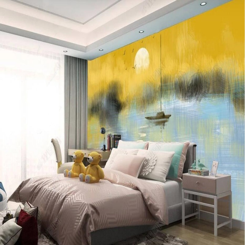 Yellow Sunset Sea Flying Sea Mew Sea Waves Nature Wallpaper Wall Mural Home Decor