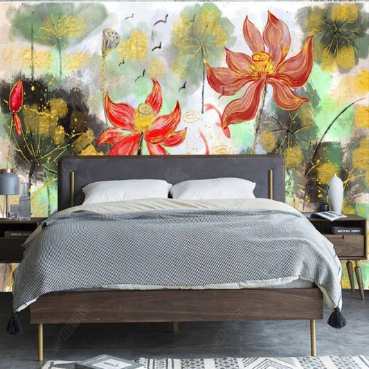 Ink Red Lotus Wallpaper Wall Mural Home Decor