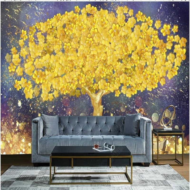 One Huge Yellow Tree Flower Tree Wallpaper Wall Mural Home Decor