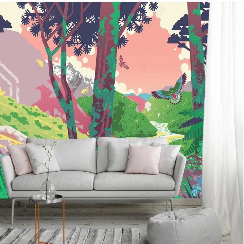 Cartoon Trees Forest Grass Nursery Wallpaper Wall Mural Home Decor