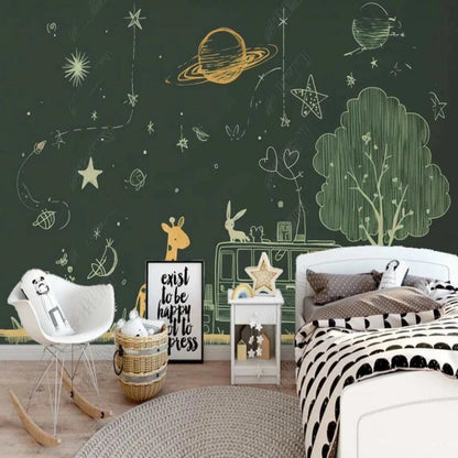 Cartoon Night Giraffe Trees Sky Nursery Wallpaper Wall Mural Home Decor