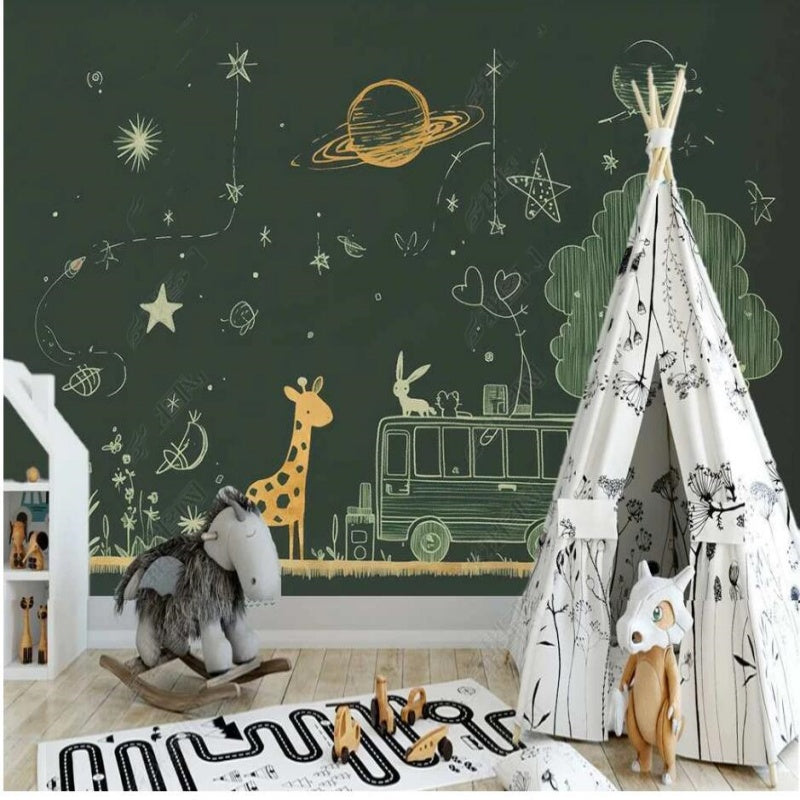 Cartoon Night Giraffe Trees Sky Nursery Wallpaper Wall Mural Home Decor