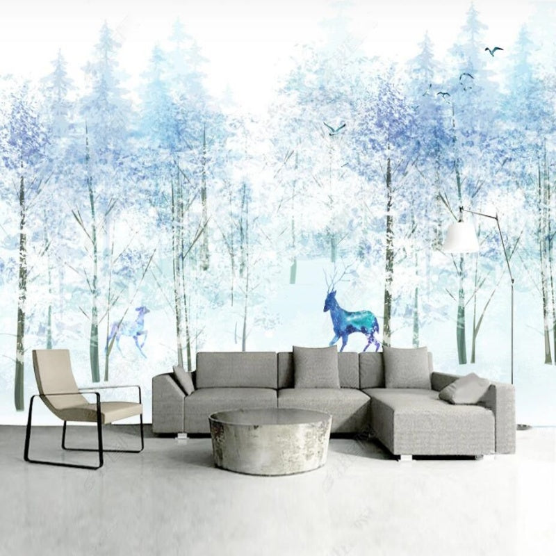 Light Blue Tree Forest with Deer Wallpaper Wall Mural Home Decor