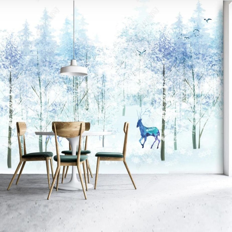 Light Blue Tree Forest with Deer Wallpaper Wall Mural Home Decor