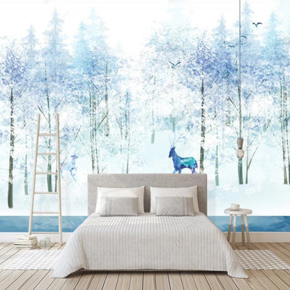 Light Blue Tree Forest with Deer Wallpaper Wall Mural Home Decor