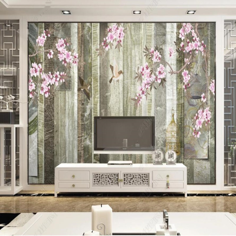 Chinoiserie Brushwork Cherry Blossom with Birds Wood Background Wallpaper Wall Mural Home Decor