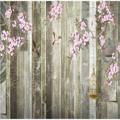 Chinoiserie Brushwork Cherry Blossom with Birds Wood Background Wallpaper Wall Mural Home Decor