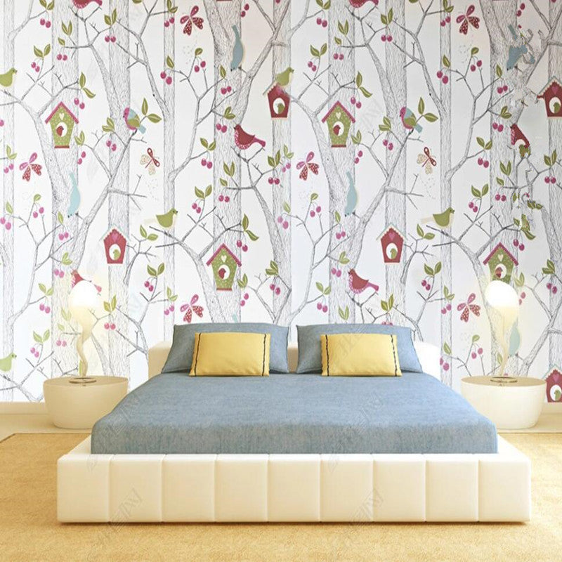 Cartoon Trees Birds Cages Nursery Wallpaper Wall Mural Home Decor