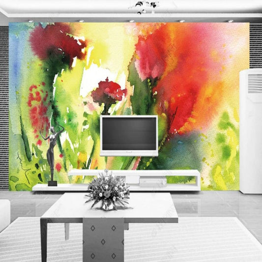 Abstract Red Flowers Flora Yellow Background Wallpaper Wall Mural Wall Covering