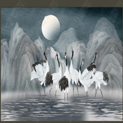 Gray Background Cranes Wallpaper Wall Mural Home Decor