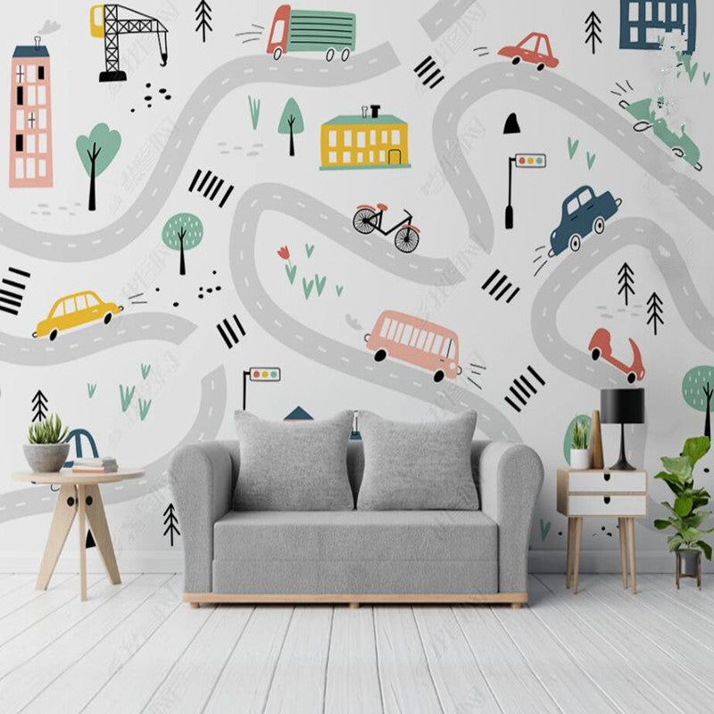 Cartoon Vehicle Road Nursery Wallpaper Wall Mural Home Decor