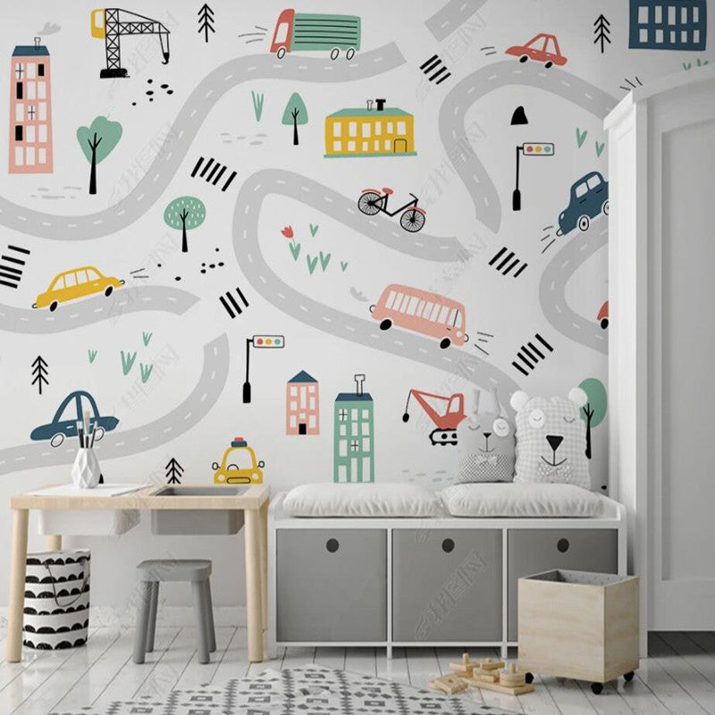 Cartoon Vehicle Road Nursery Wallpaper Wall Mural Home Decor