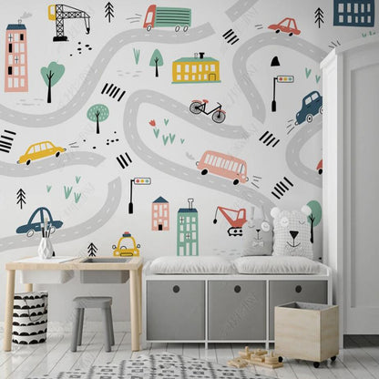 Cartoon Vehicle Road Nursery Wallpaper Wall Mural Home Decor