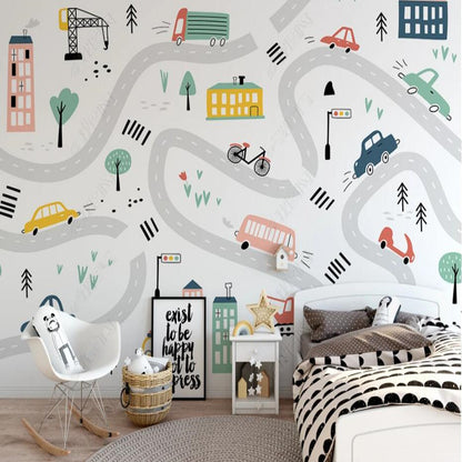 Cartoon Vehicle Road Nursery Wallpaper Wall Mural Home Decor