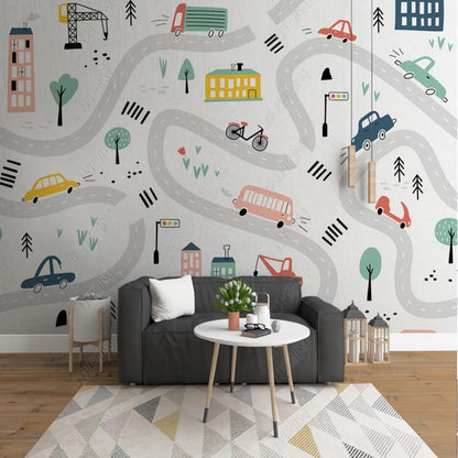 Cartoon Vehicle Road Nursery Wallpaper Wall Mural Home Decor