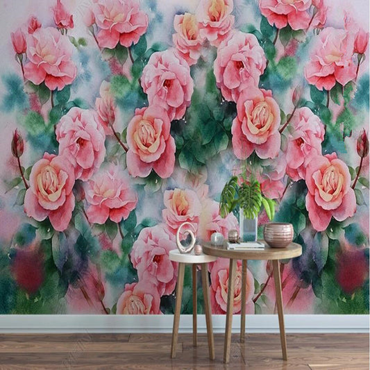 Watercolor Pink Roses Flowers Floral Wallpaper Wall Mural Wall Covering Home Decor