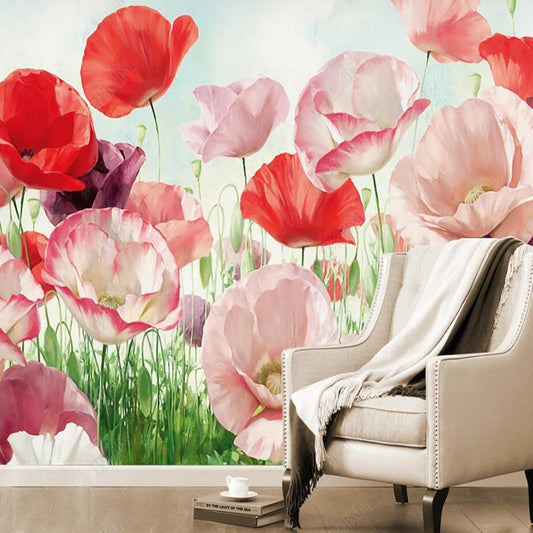 Watercolor Red Poppies Flowers Floral Wallpaper Wall Mural Wall Covering Home Decor