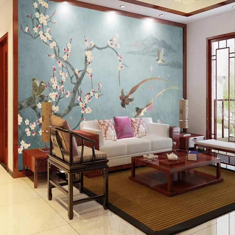 Chinoiserie Brushwork Hanging Plum Blossom with Birds Wallpaper Wall Mural Home Decor