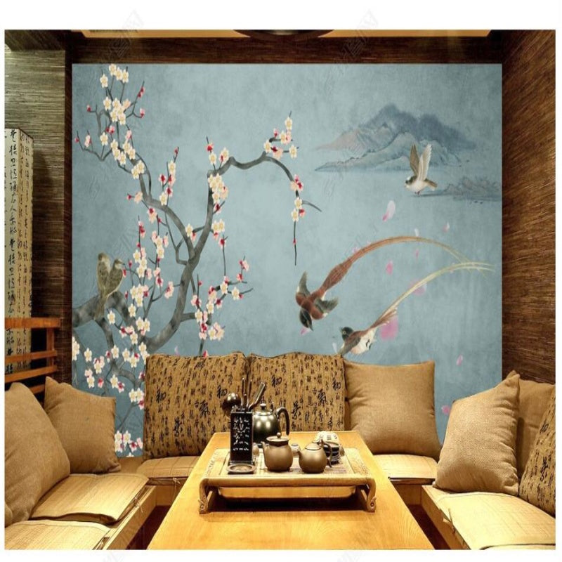 Chinoiserie Brushwork Hanging Plum Blossom with Birds Wallpaper Wall Mural Home Decor