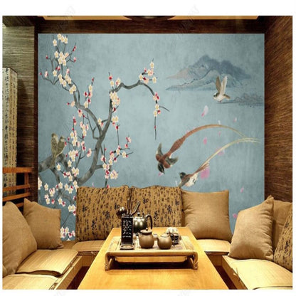 Chinoiserie Brushwork Hanging Plum Blossom with Birds Wallpaper Wall Mural Home Decor