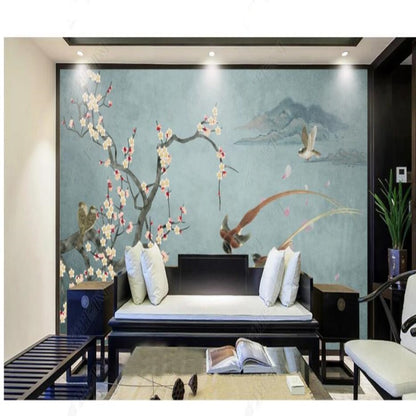 Chinoiserie Brushwork Hanging Plum Blossom with Birds Wallpaper Wall Mural Home Decor