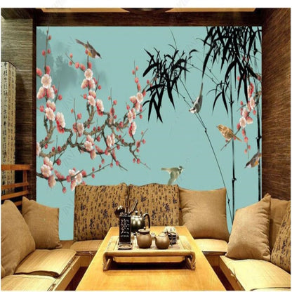 Chinoiserie Brushwork Hanging Plum Blossom with Birds Bamboo Wallpaper Wall Mural Home Decor