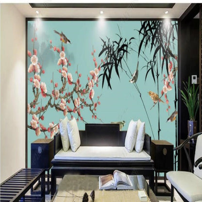 Chinoiserie Brushwork Hanging Plum Blossom with Birds Bamboo Wallpaper Wall Mural Home Decor