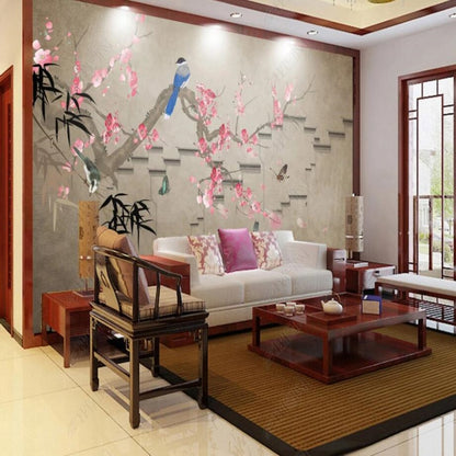 Chinoiserie Brushwork Hanging Plum Blossom with Birds Bamboo Wallpaper Wall Mural Home Decor