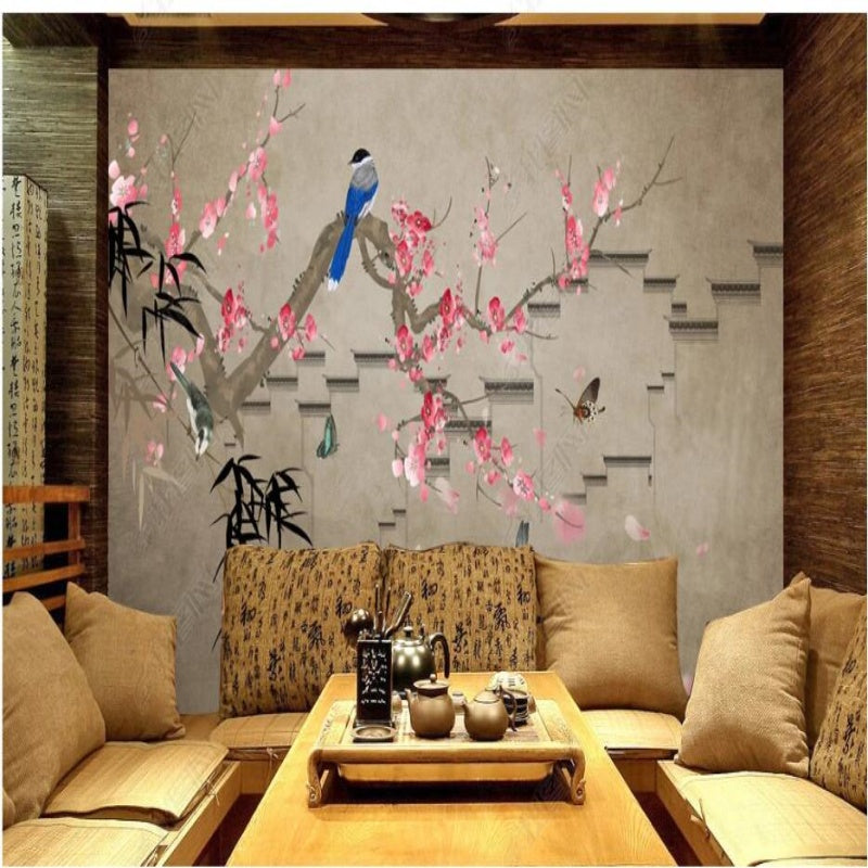 Chinoiserie Brushwork Hanging Plum Blossom with Birds Bamboo Wallpaper Wall Mural Home Decor