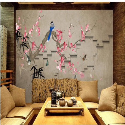 Chinoiserie Brushwork Hanging Plum Blossom with Birds Bamboo Wallpaper Wall Mural Home Decor